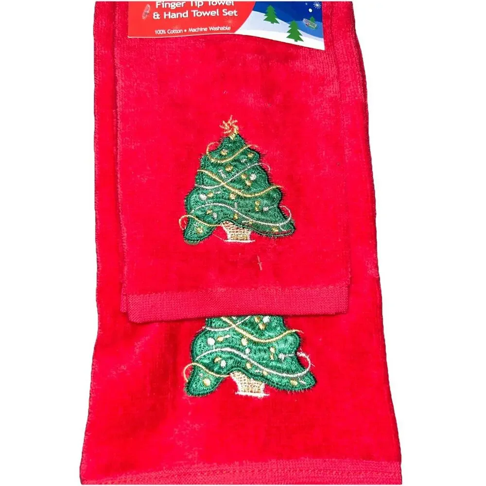 Holiday Domestics Red Christmas Tree‎ Tea Towel Set - Velour Appliqué NEW